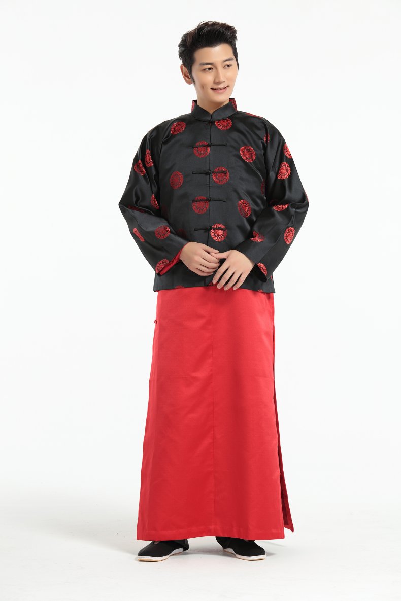 先派新款唐装男织锦缎马褂长袖上衣中式礼服连肩立领黑底红圈 m
