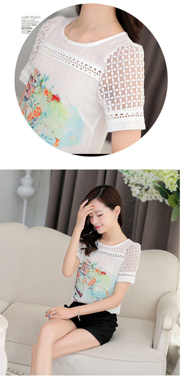 夕月2015夏季新款女装时尚短袖t恤女印花韩版雪纺衫蕾丝镂空拼接打底