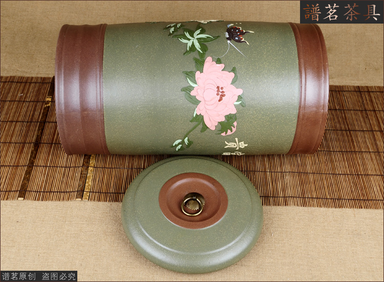 
                                        谱茗 紫砂大茶罐 直筒罐 普洱茶叶缸 宜兴紫砂罐 大号茶叶罐 铜扣黄色                