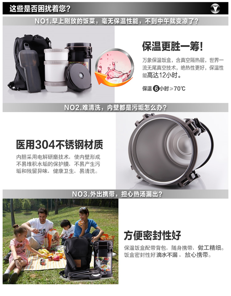 
                                        万象保温饭盒 不锈钢真空大容量保温饭桶 时尚便携三层便当盒 学生饭盒 送餐具保温套 黑色2.2L                