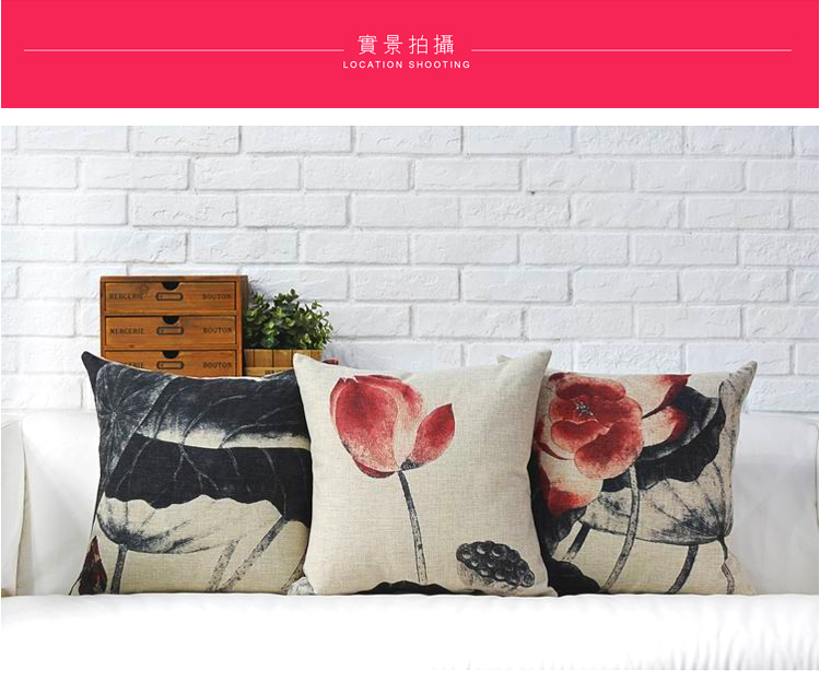 傻宝家纺 创意中国风客厅沙发抱枕套 现代复古办公室水墨荷花靠垫 舒适棉麻靠枕腰枕 水墨花叶抱枕 含枕芯45*45cm