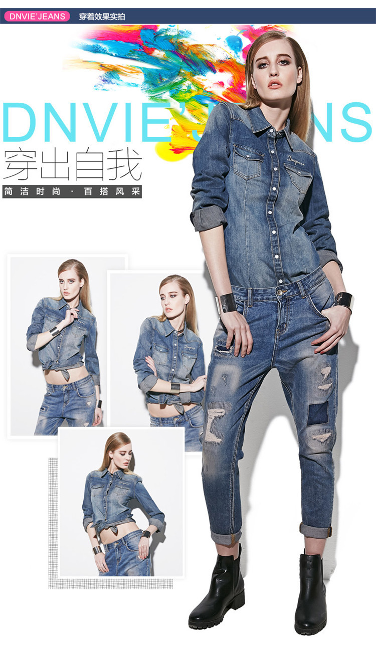 Dnvie秋装衬衣女款韩版加厚长袖牛仔衬衫女CS7029 蓝色 L