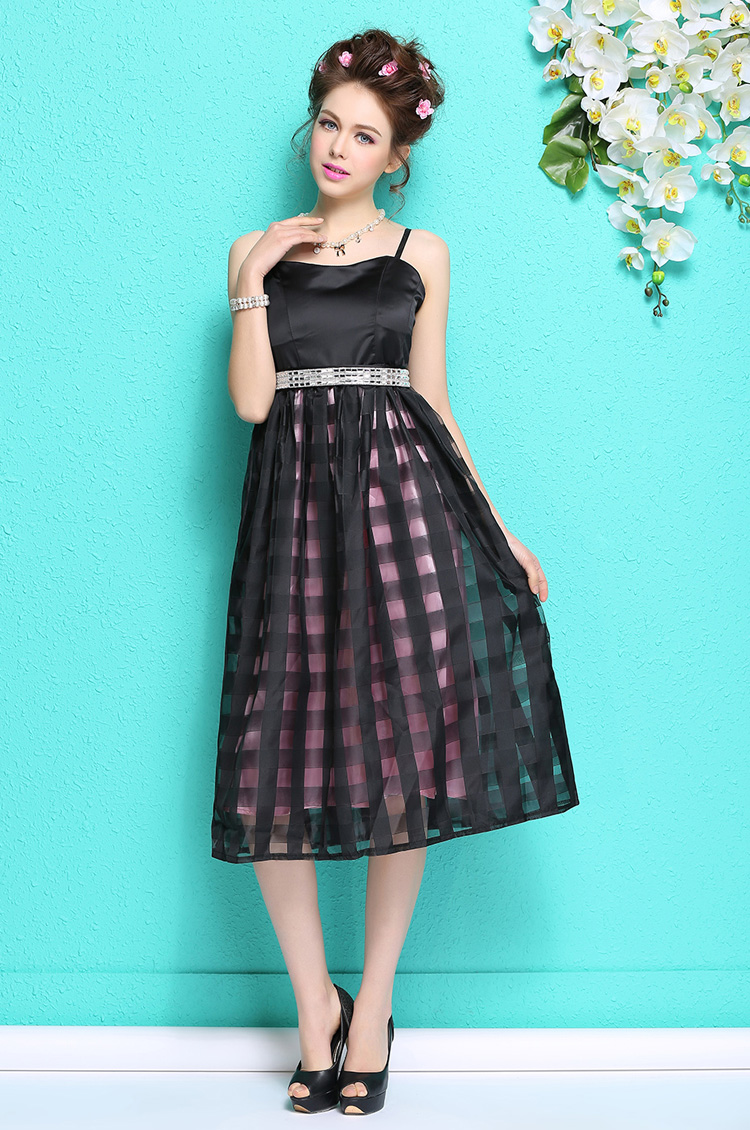 艾霏娅 连衣裙 2015春 新款 女韩版时尚女装明星同款欧根纱格子吊带