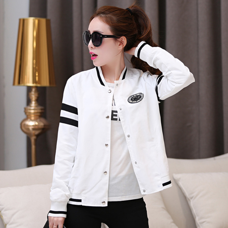 盈娇兰 2015新款韩版bf风棒球服女 白色撞色条纹短外套薄女 春装外套