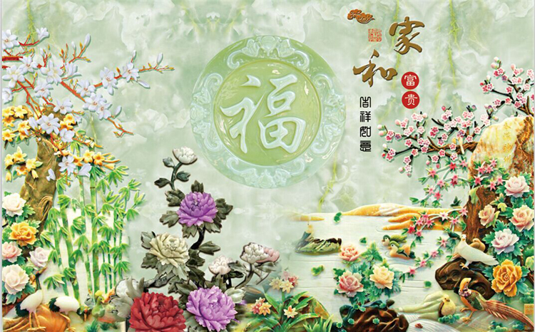 
                                        豪咖客厅装饰画电视墙壁画壁布客厅沙发墙装饰壁画仿玉雕3D效果高清壁画荷花竹子 宣绒布/平方米                