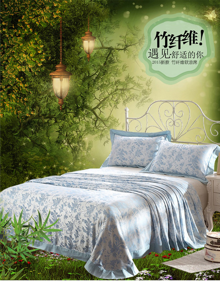 绫帛薇布床上用品 可水洗竹纤维软凉席三件套 绿牡丹 250*270cm圆角床单三件套