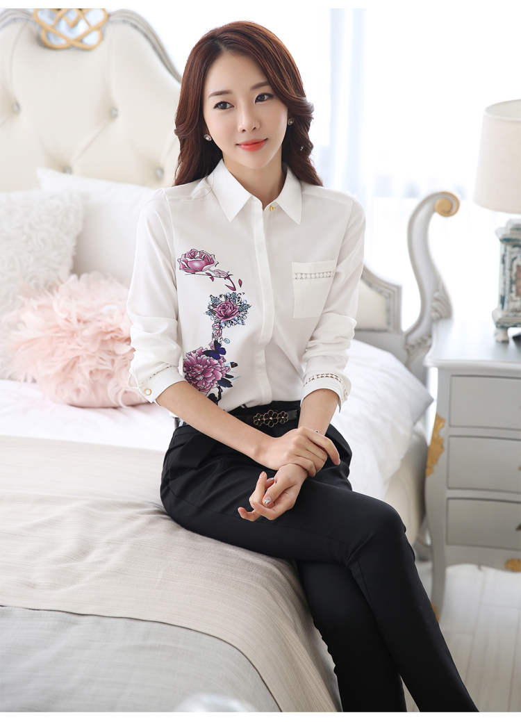 蒂珞菲2015秋冬装新款修身大码加绒加厚职业衬衫女装打底衫雪纺衫 蓝色印花加绒 M