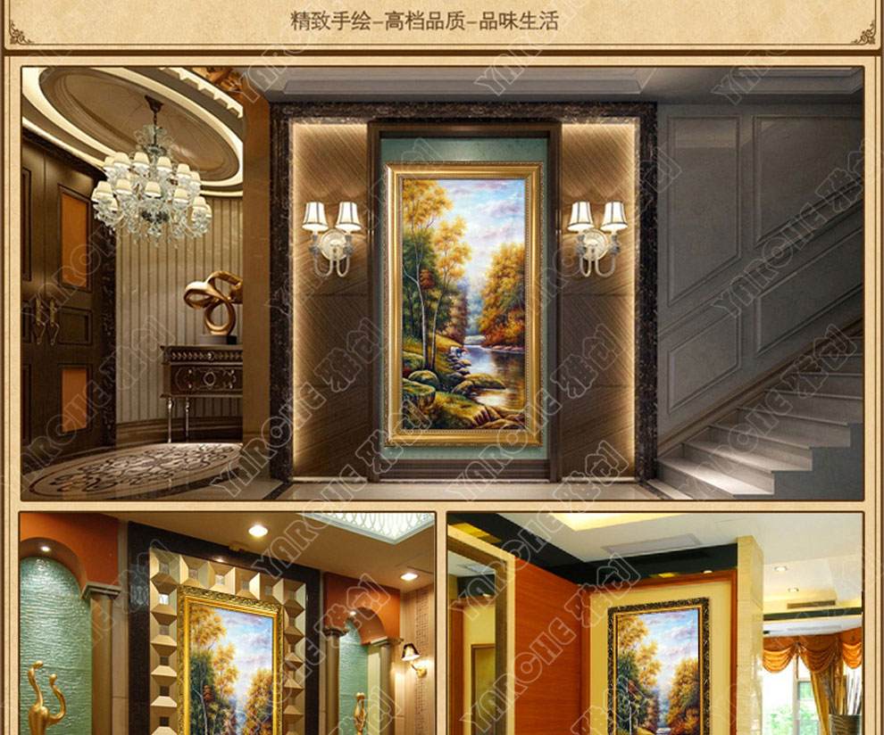 雅创 欧式玄关装饰画竖幅风景画客厅画山水单幅挂画油画纯手绘竖版 山林牛景 A款画框 100*200CM物流自提