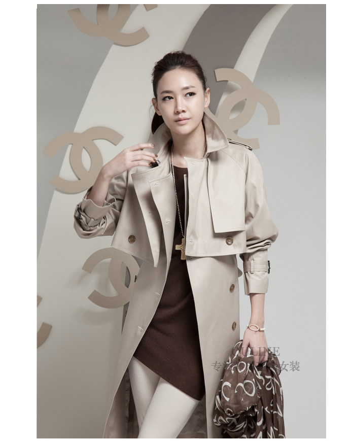 ouline 韩版修身深杏色风衣女 时尚显瘦长款外套 深杏色 L