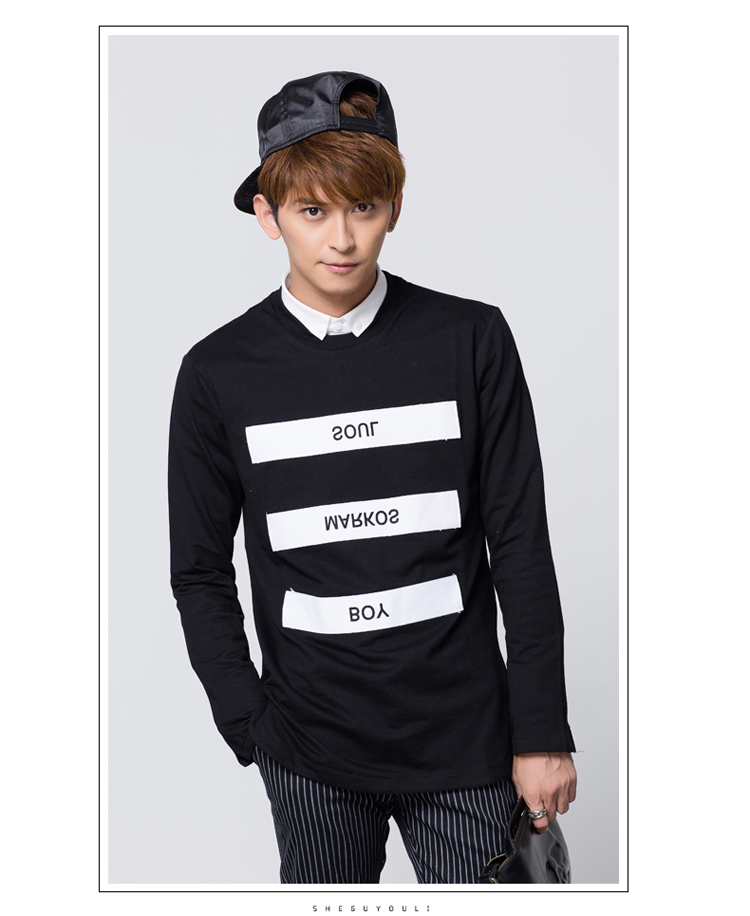 涉谷友利男装秋季新款男士长袖t恤圆领套头贴布条纹修身青年日系tt166