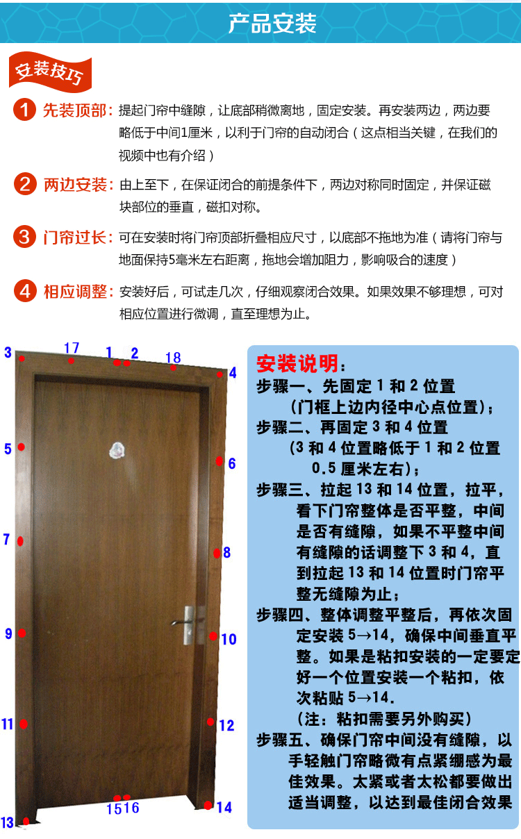 
                                        门帘安装配件双面胶粘扣 高档螺纹不伤门框粘扣 铁门墙壁玻璃可用粘扣 蓝色                