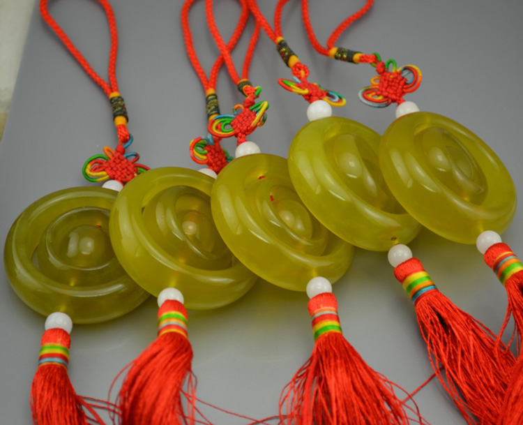 同伴 黄岫玉平安车挂 玉石平安环车饰汽车饰品 玉器平安扣车挂 送证书