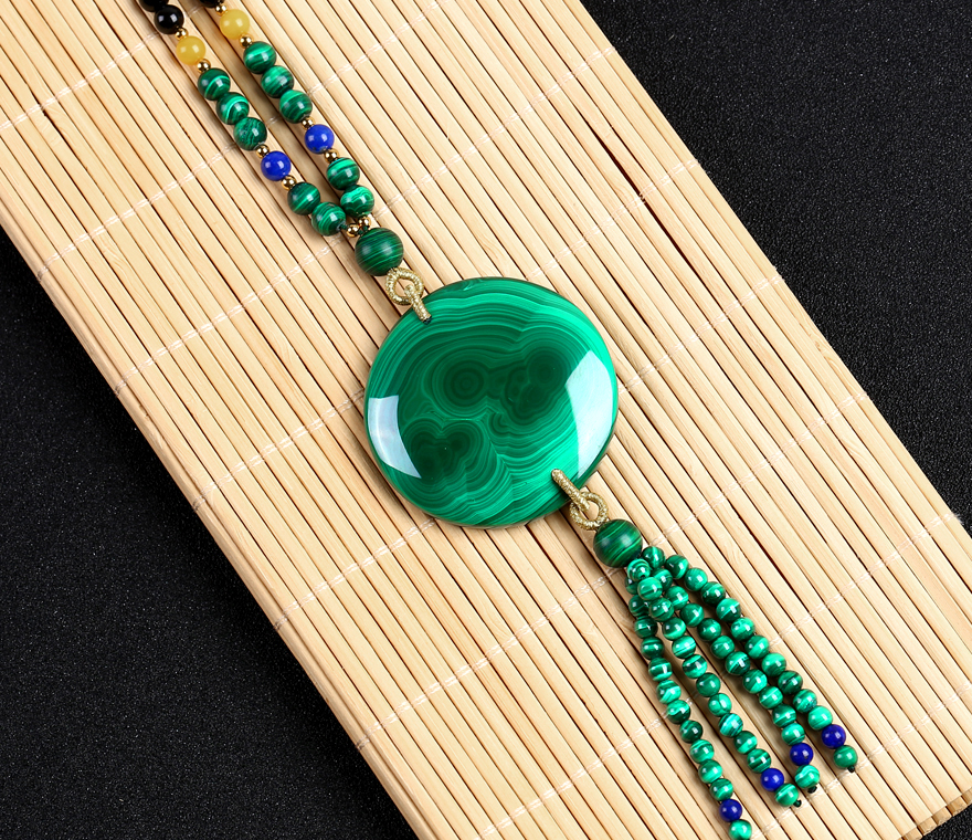 8046 手工编织臻品孔雀石项链毛衣链 75.39克 福玺珠宝