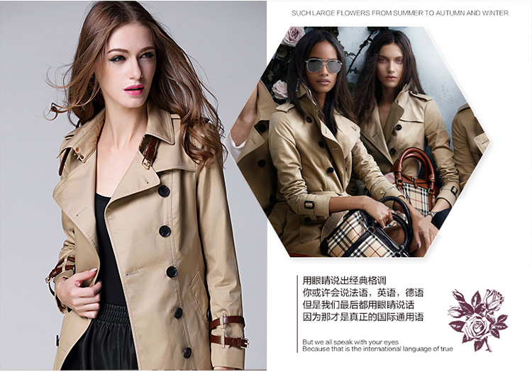 BURDULLY 2015欧洲站秋装新款翻领双排扣中长款风衣女外套 卡其色 M