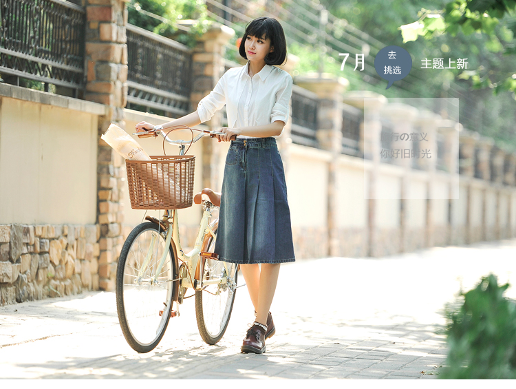 缔花之都 2015秋季新款高腰复古牛仔半身裙A字裙女韩版牛仔中长裙百褶裙潮 牛仔蓝 M