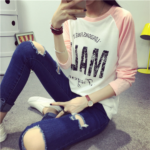 千城云衣2016春夏新款韩版女装显瘦打底衫上衣女学生长袖t恤薄款印花小衫潮 黑色 M