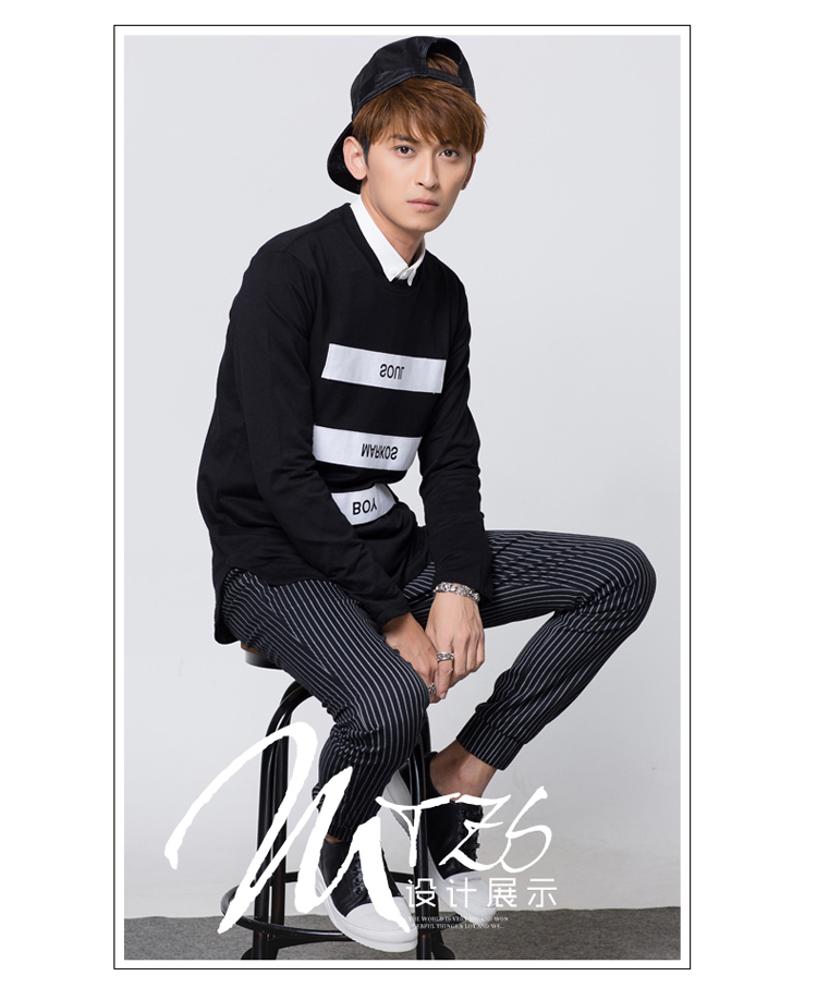 涉谷友利男装秋季新款男士长袖t恤圆领套头贴布条纹修身青年日系tt166