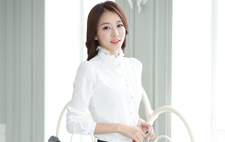 
                                        诱朵 雪纺衫女长袖2019春秋冬保暖女装立领蕾丝打底衬衫 白色不加绒 L                