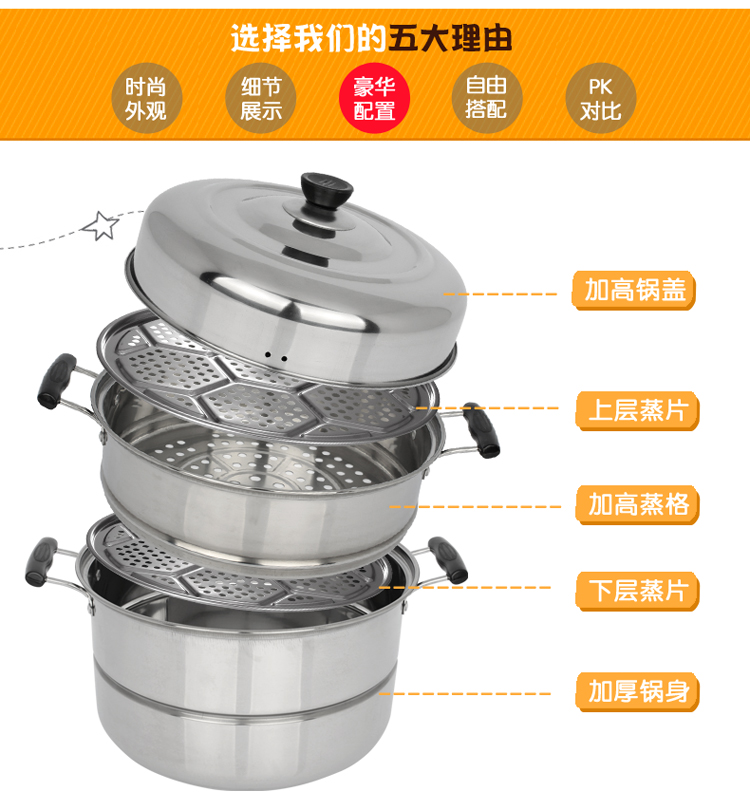 美家厨帮 28cm蒸锅不锈钢3层加厚 大容量三层厨房锅具电磁炉通用煤气炉燃气炉赠品礼品蒸锅 28cm三层单底