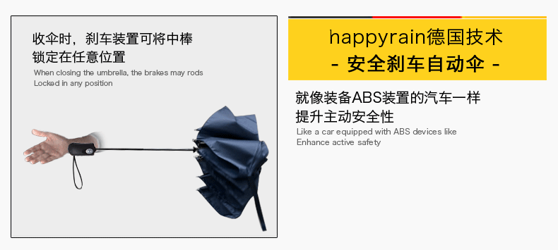 
                                        happyrain德国品牌全自动折叠伞男士商务伞双人超大伞面安全自动伞带刹车雨伞 黑色（单层伞布）                