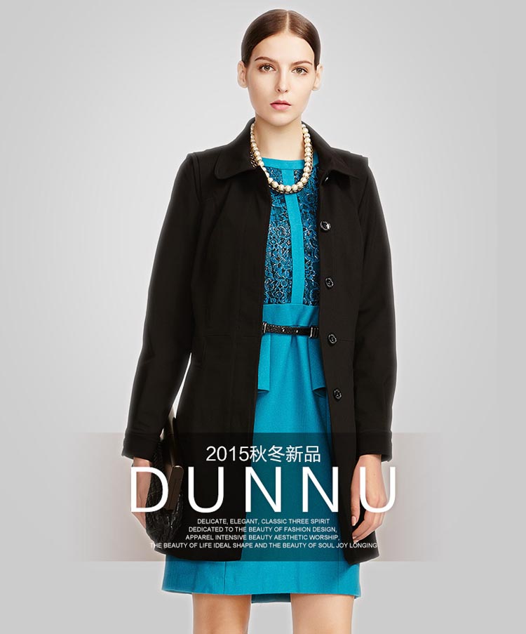 DUNNU敦奴 专柜正品  秋季新款纯色复古气质风衣 黑色 XXL