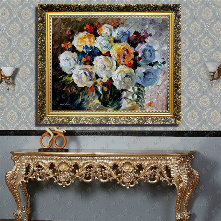 欧美华手绘厚彩装饰花卉有框油画 现代欧式客厅 卧室 酒店餐厅挂画 1
