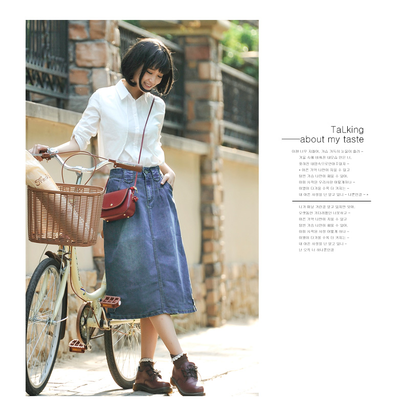 缔花之都 牛仔裙女夏韩版2015春秋中长款牛仔裙半身裙大码高腰A字裙学生潮 复古牛仔色 L
