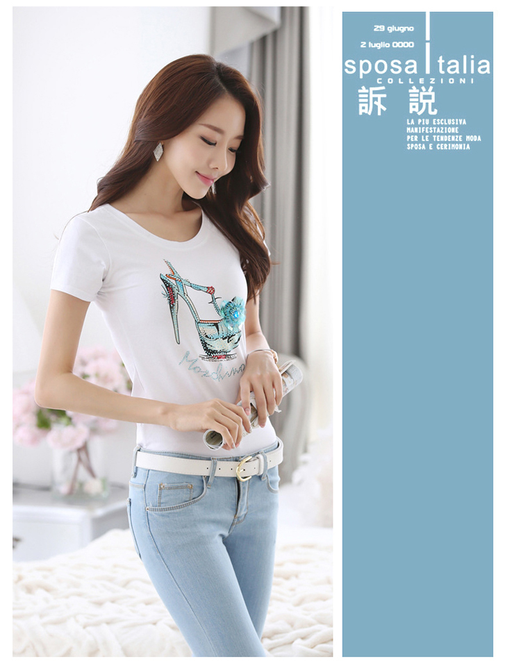 杰斯艾伦   夏装 百搭短袖T恤女夏2015新款文艺范镶钻印花t恤上衣ML024 M