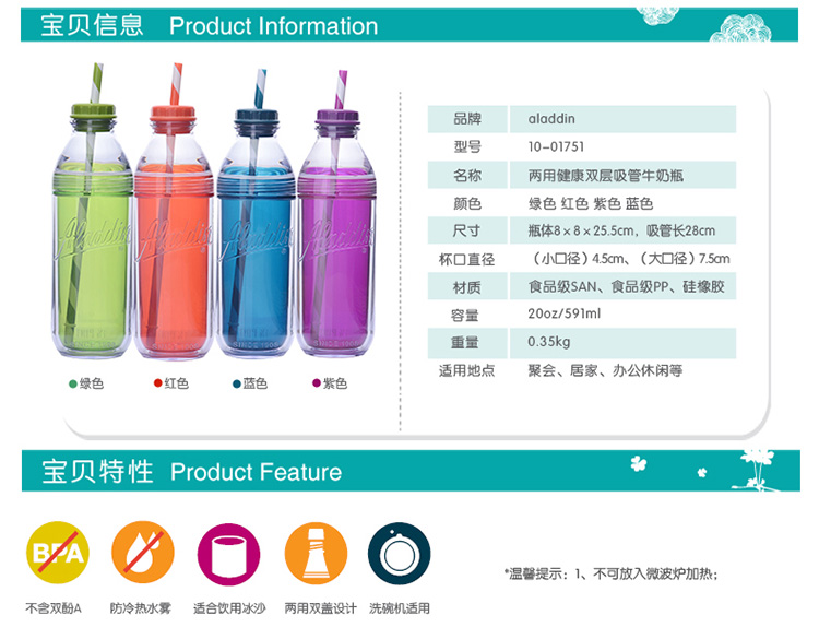 Aladdin成人吸管杯591ml双层牛奶瓶创意塑料水杯沙冰杯彩色吸管杯 紫色
