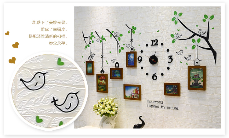 
                                                            维佳 小鸟钟表相框墙 挂墙创意组合实木照片墙 卧室儿童房 餐厅相片墙 三色混搭+卡通画芯 赠送小鸟墙贴+黑色钟表                
