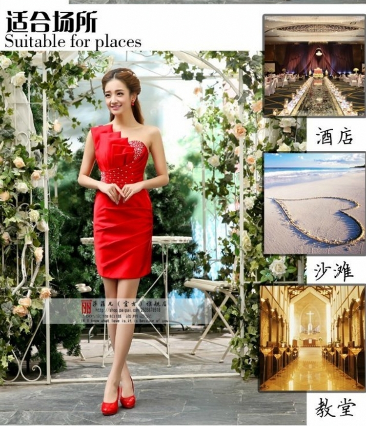 爱然鹏2016婚纱礼服新娘敬酒服红色晚礼服单肩礼服短款时尚修身包臀礼服 红色 S包退换