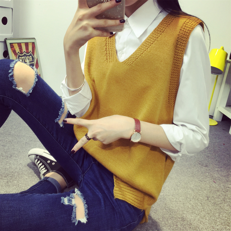 韩芙莉娅 2016新款秋冬装东大门大码女装针织衫毛衣背心马甲女中长款宽松V领马夹 黑色 均码