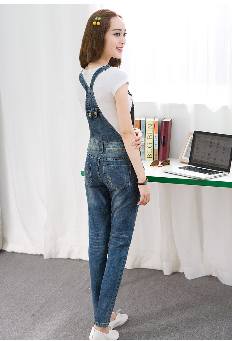 莲香姿 新款学院风大码宽松高腰牛仔裤背带连体裤长裤女 NZK48 深蓝色 M(偏大一码)