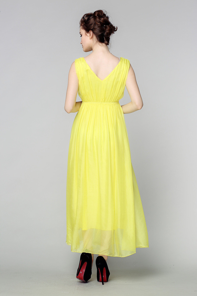 2014春夏新款品牌v领真丝长裙黄色 100%桑蚕丝重磅大牌真丝连衣裙