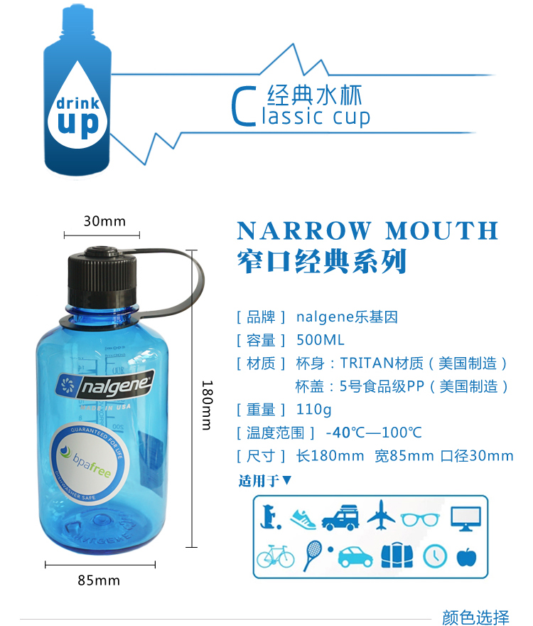 
                                                            美国进口户外运动水壶水杯茶杯500ml 大容量便携防漏塑料登山壶太空杯 商务礼品 灰色透明                