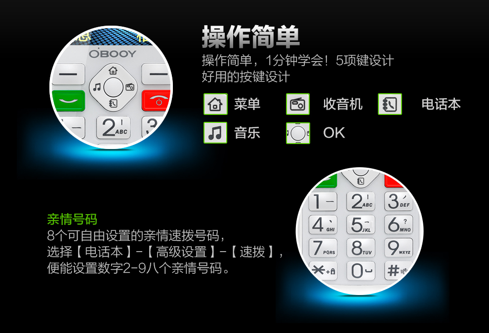 东信欧蓓(OBOOY) EA308 移动/联通2G 直板老人手机 白色