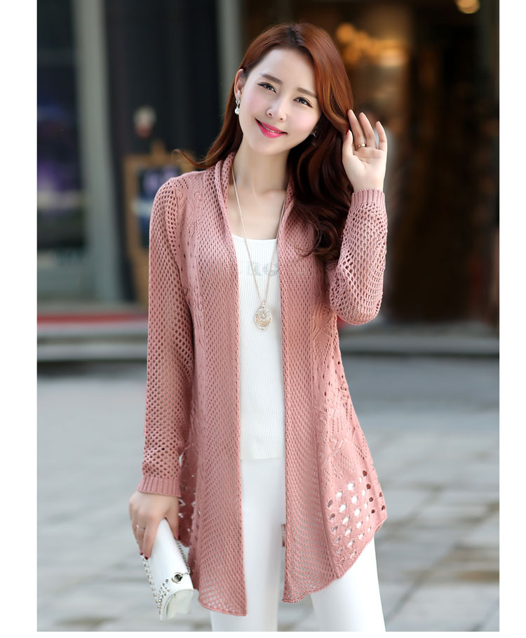 缘蒲炫2015秋装新款围巾领不规则下摆镂空针织开衫毛衣女外套 黑色