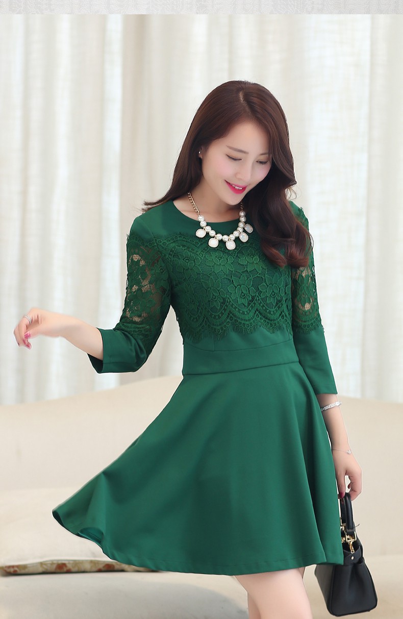 usmile 韩版收腰连衣裙女 2015秋季新款五分袖大码休闲中袖纯色a字裙