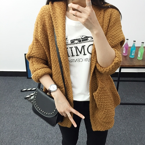 迪拉娜针织衫女2015秋装新款开衫宽松休闲毛衣外套 驼色 均码