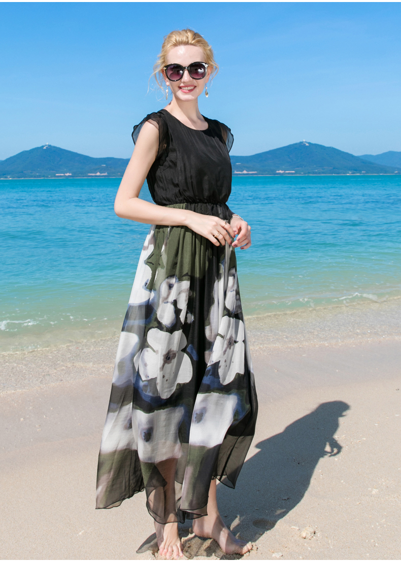 简卡姿轻奢沙滩裙2018春季新款海边度假长裙时尚优雅波西米亚花色