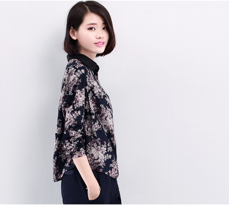 DK诚品2016大码女装衬衫女春装新品长袖韩版宽松印花妈妈装棉麻T恤上衣 黑色 2XL
