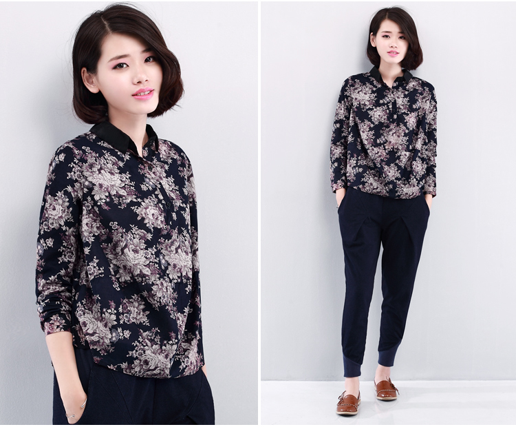 DK诚品2016大码女装衬衫女春装新品长袖韩版宽松印花妈妈装棉麻T恤上衣 黑色 2XL