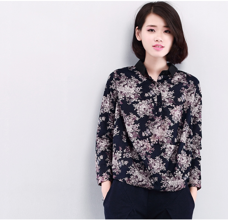 DK诚品2016大码女装衬衫女春装新品长袖韩版宽松印花妈妈装棉麻T恤上衣 黑色 2XL
