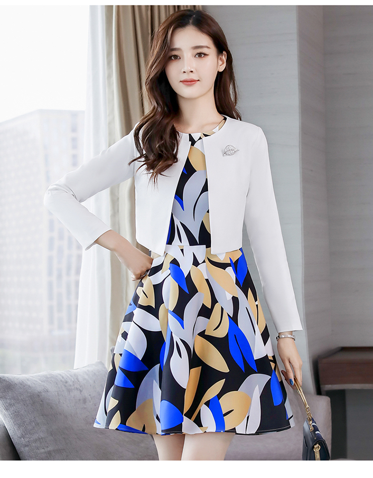 初槿 春装休闲套装女两件套小西服连衣裙套装裙圆领无袖a字裙 蓝裙