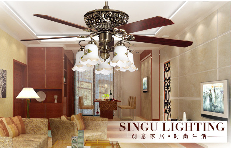 SINGU昇谷 欧式复古吊扇灯 客厅餐厅风扇灯 卧室书房带灯吊扇 风扇吊灯SG823-5 标配线控