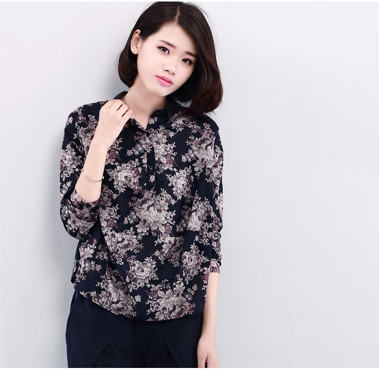 DK诚品2016大码女装衬衫女春装新品长袖韩版宽松印花妈妈装棉麻T恤上衣 黑色 2XL