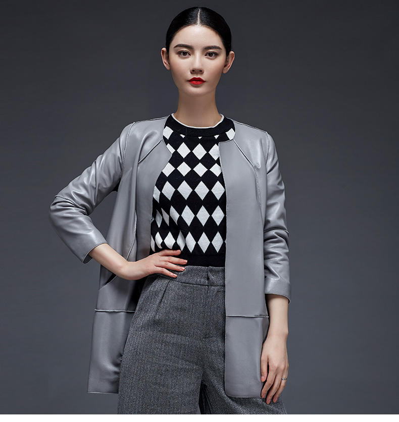 咔琦娜 春秋海宁绵羊皮真皮大衣女中长款 简单修身外套 浅灰 l