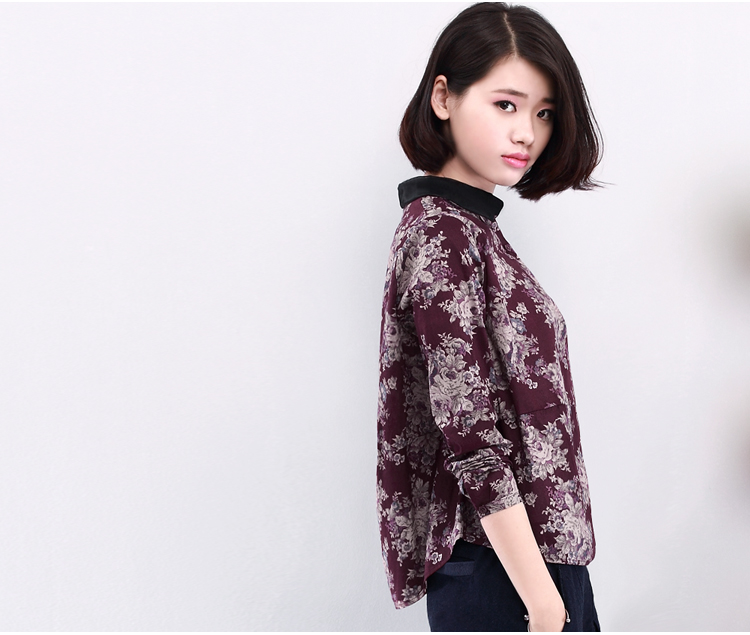 DK诚品2016大码女装衬衫女春装新品长袖韩版宽松印花妈妈装棉麻T恤上衣 黑色 2XL