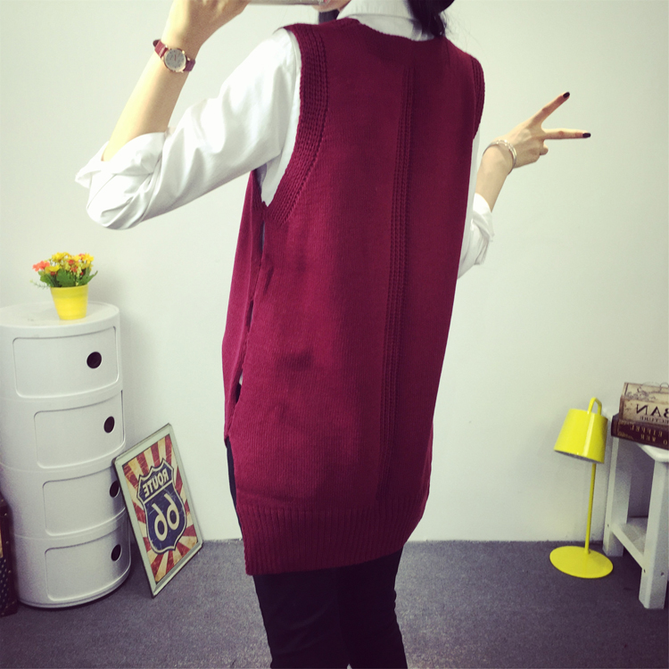 韩芙莉娅 2016新款秋冬装东大门大码女装针织衫毛衣背心马甲女中长款宽松V领马夹 黑色 均码