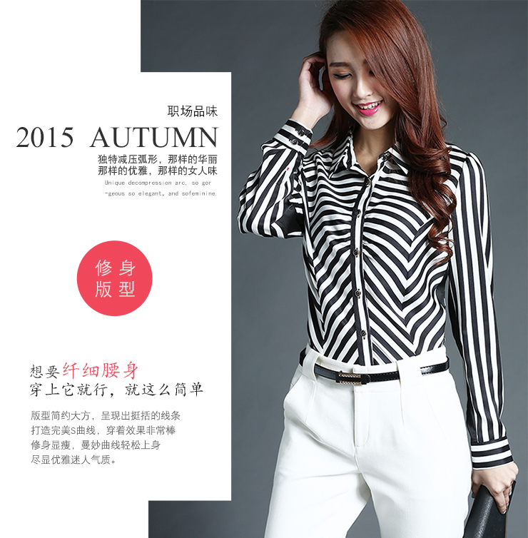 kellymaisie2015新款欧美女装职业白领气质修身显瘦条纹女士长袖衬衫OL雪纺衬衣 黑白色 L